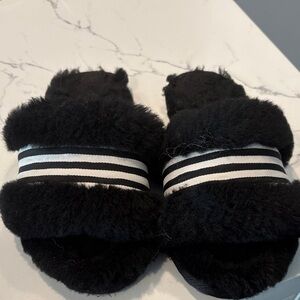Emu Black Faux Fur Slide Slippers with Black and White Striped Band